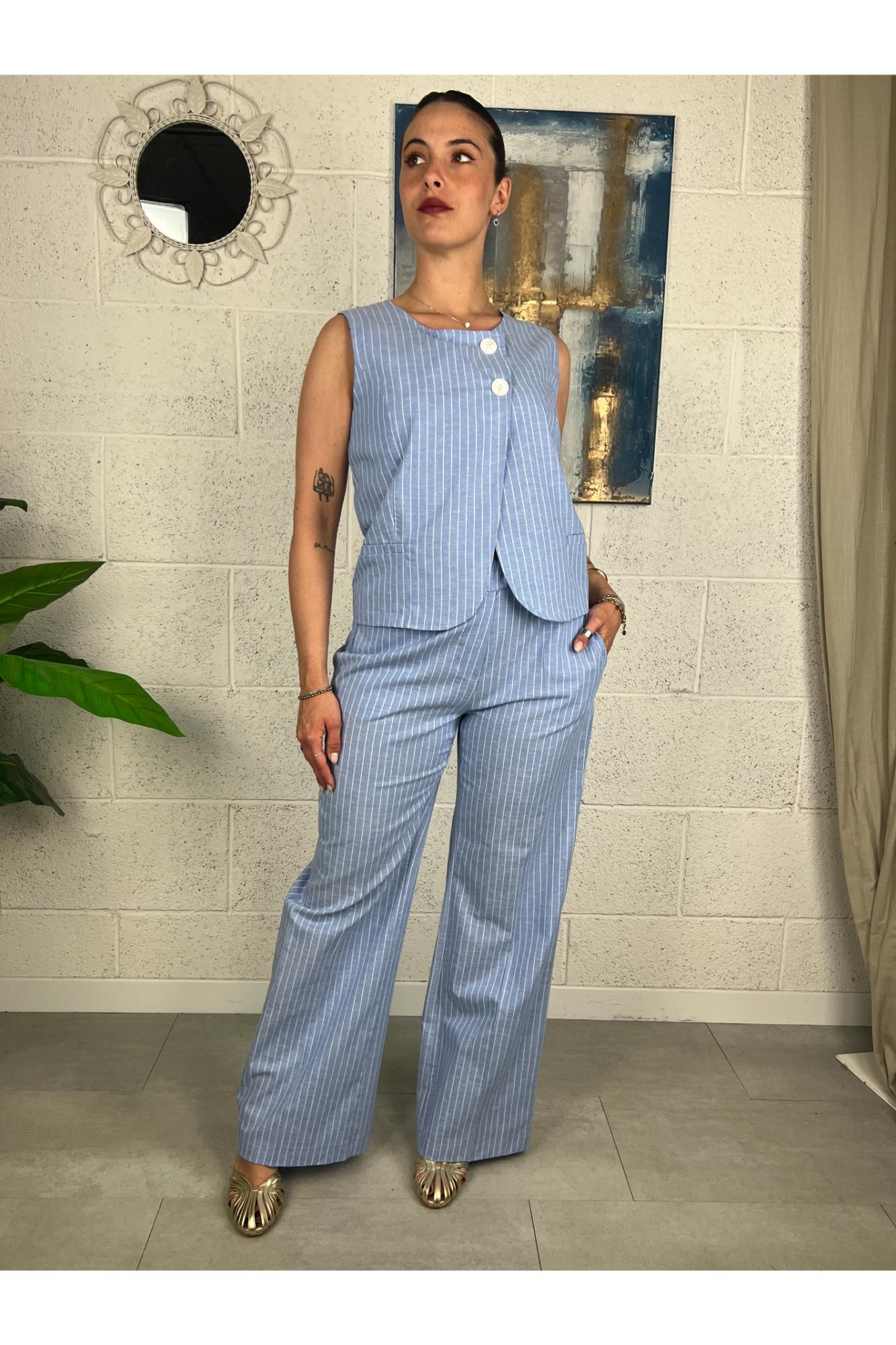 METOO pantalone gessato Metoo Celeste