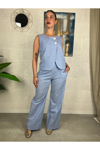METOO pantalone gessato Metoo Celeste