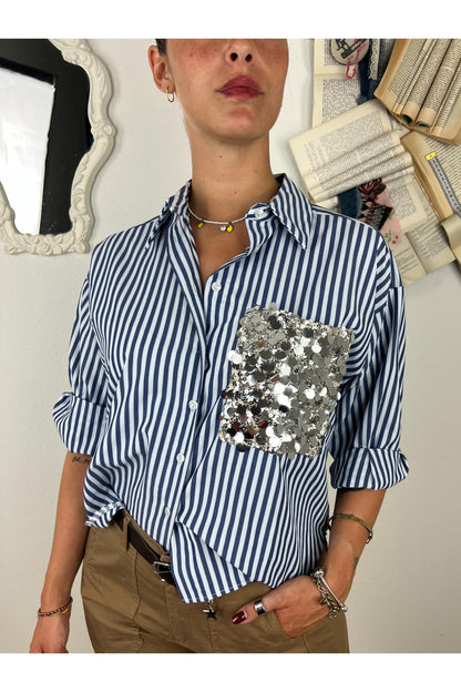 MOTEL Camicia gessata con taschino di paillettes Unica