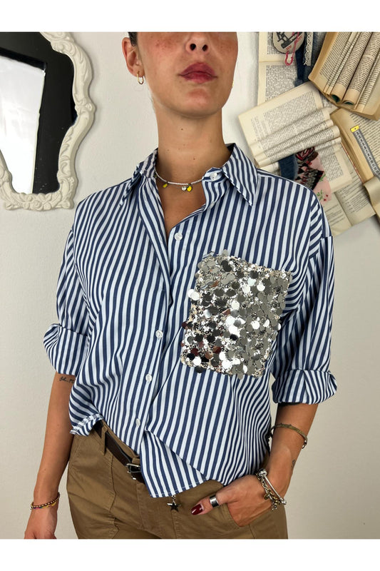 MOTEL Camicia gessata con taschino di paillettes Unica