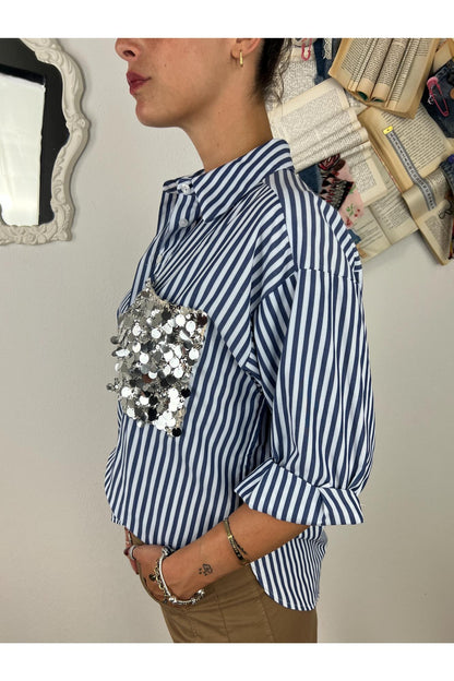 MOTEL Camicia gessata con taschino di paillettes Unica