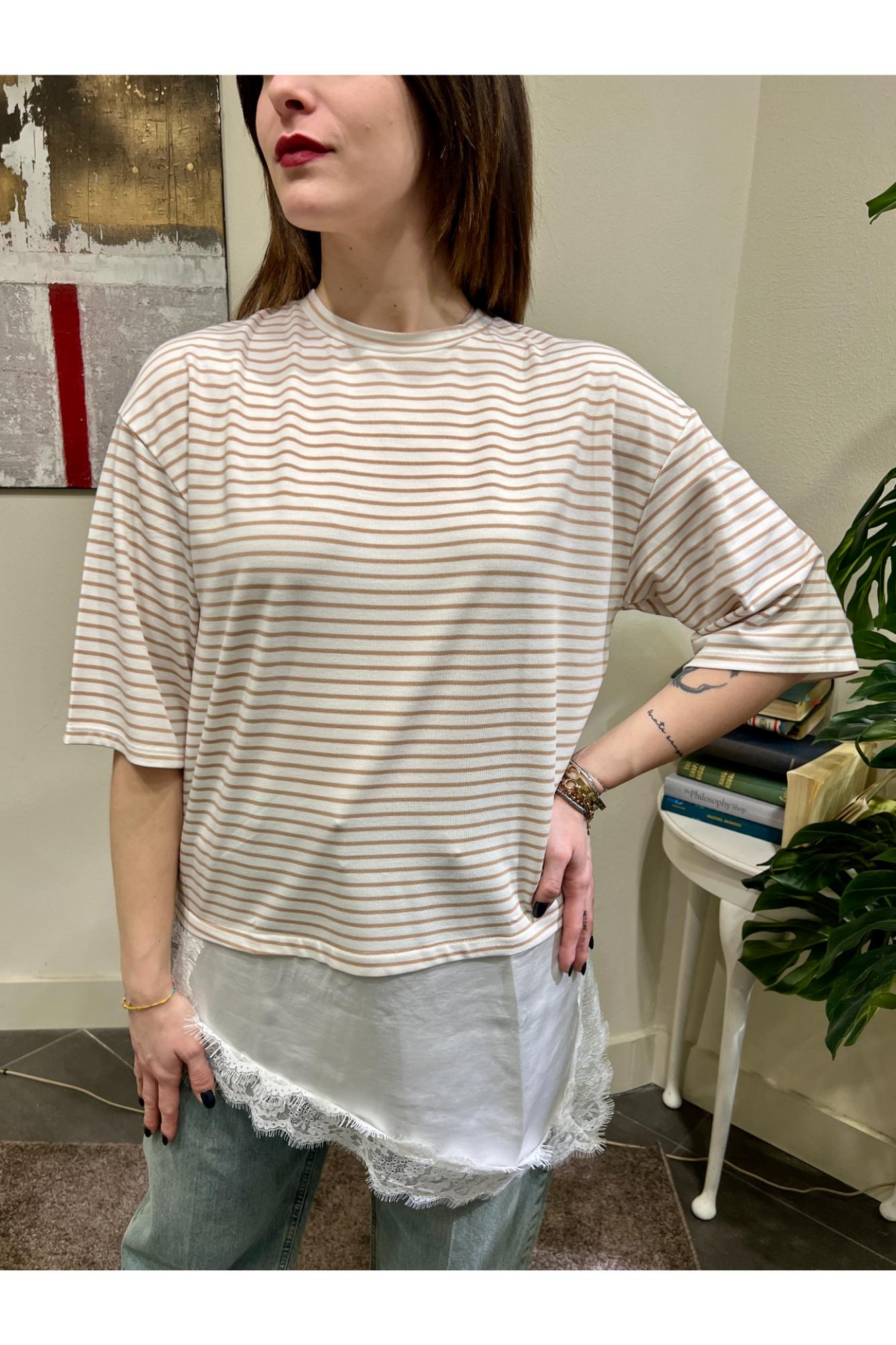 SUSY MIX T-shirt rigata con pizzo Susy mix Beige