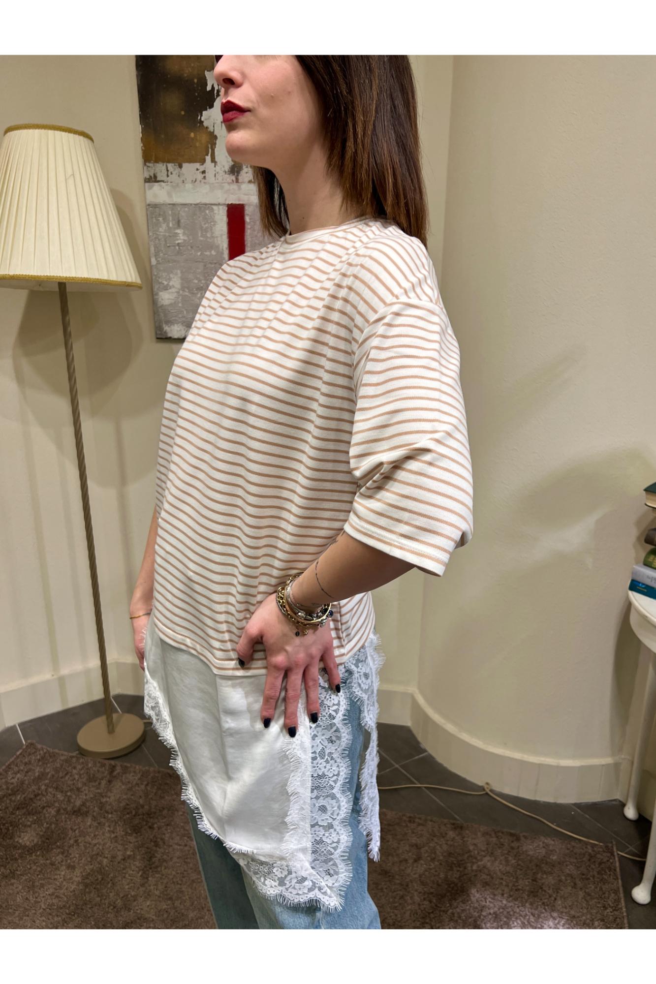 SUSY MIX T-shirt rigata con pizzo Susy mix Beige