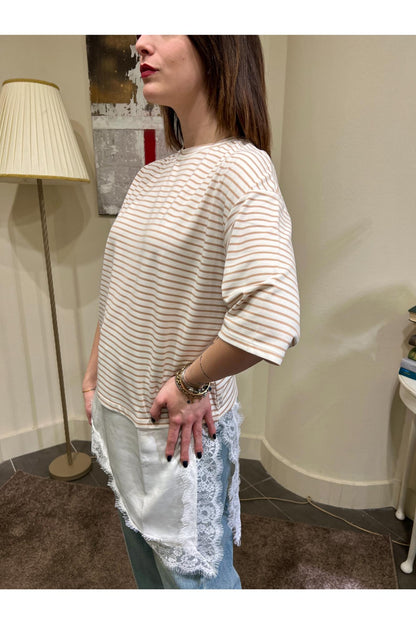 SUSY MIX T-shirt rigata con pizzo Susy mix Beige