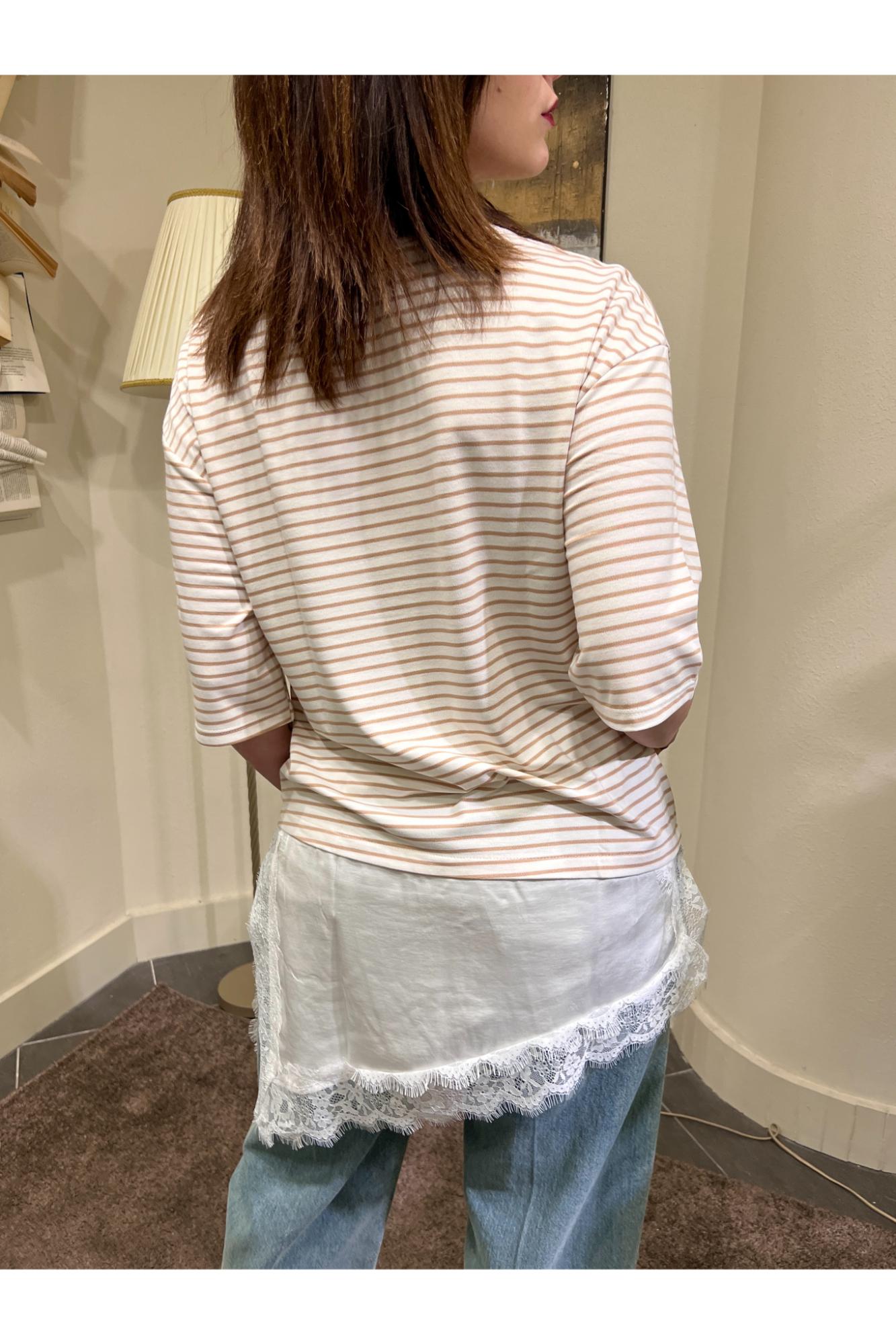 SUSY MIX T-shirt rigata con pizzo Susy mix Beige