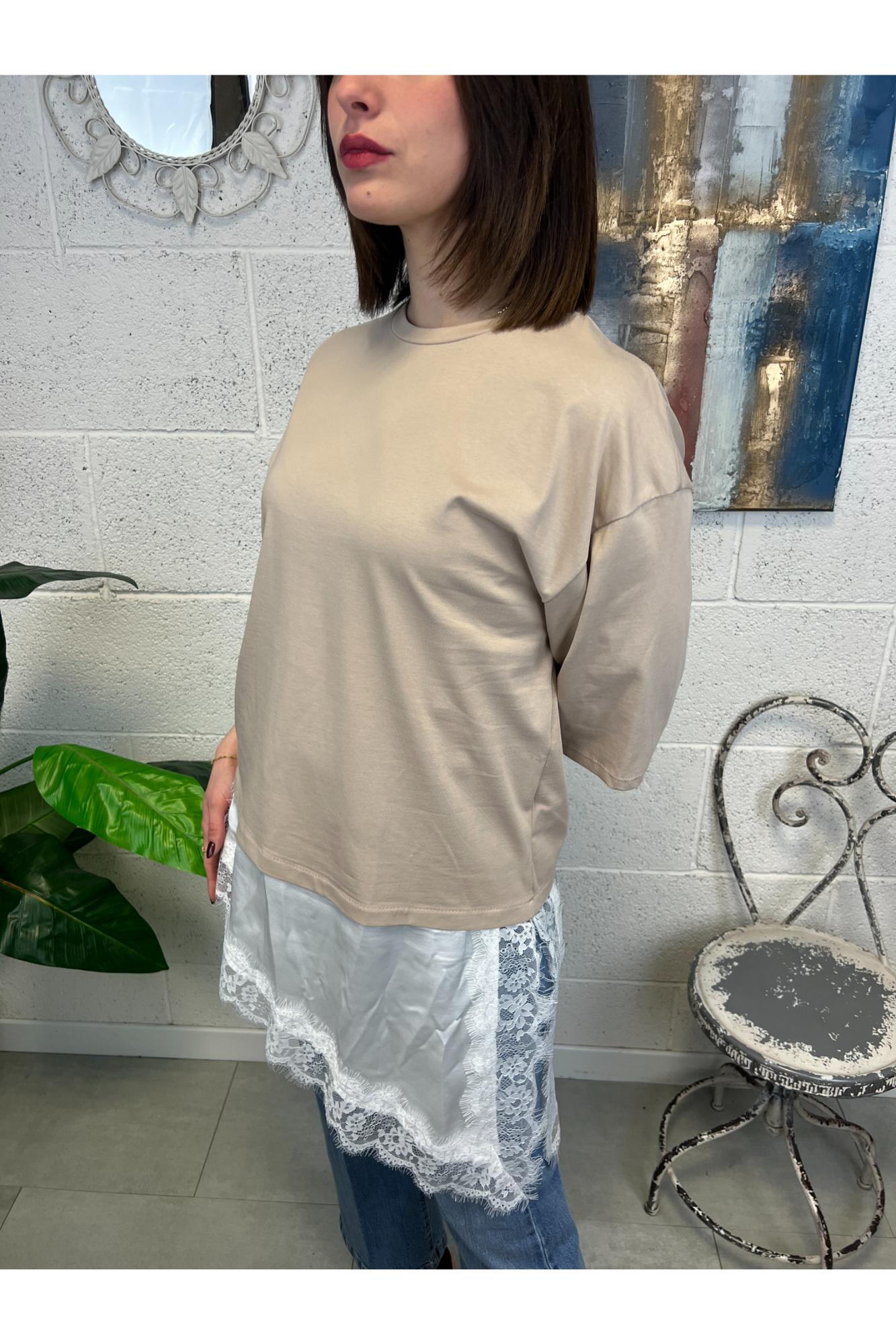 SUSY MIX T-shirt lunga con pizzo Susy mix Sabbia