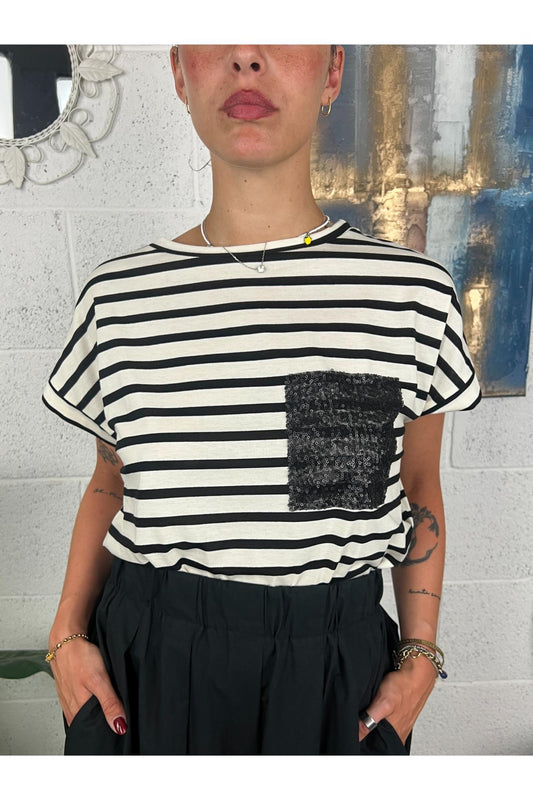SUSY MIX T-shirt rigata con tashino di paillettes Susy mix Nero