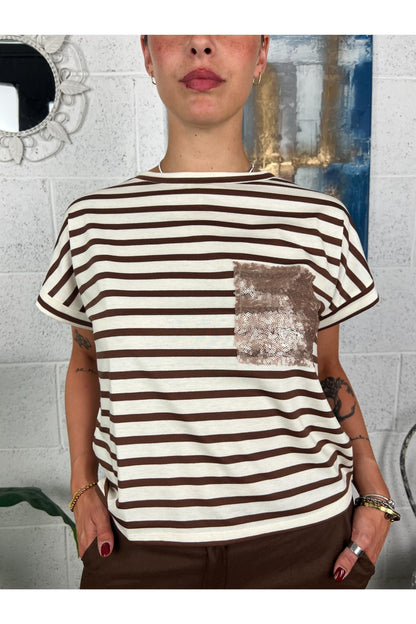 SUSY MIX T-shirt rigata con tashino di paillettes Susy mix Tabacco