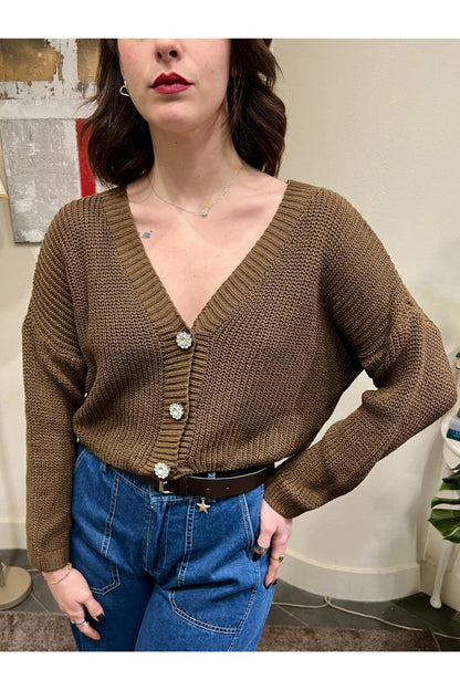 SUSY MIX Cardigan bottone gioiello Susy mix Cacao