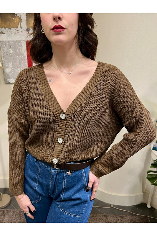 SUSY MIX Cardigan bottone gioiello Susy mix Cacao