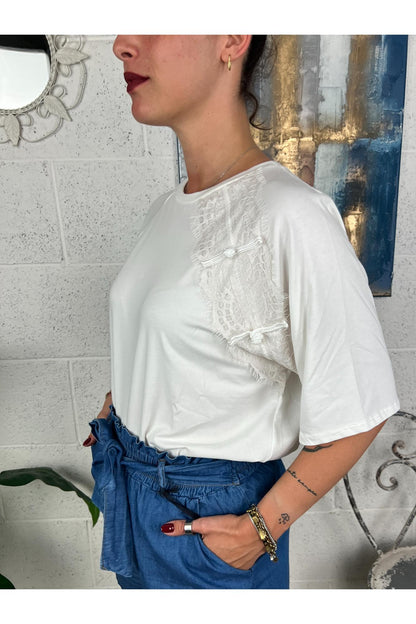 SUSY MIX T- shirt con prifili in pizzo Susy mix Panna