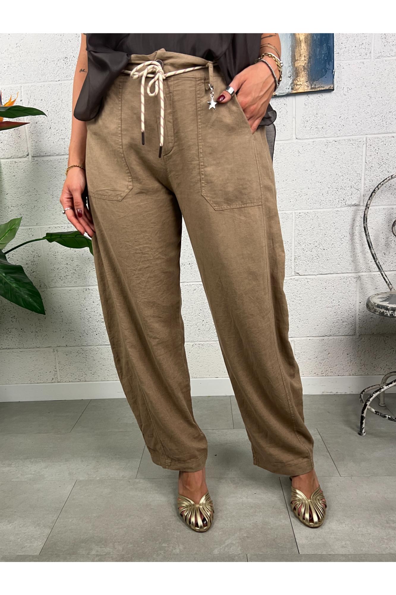 SUSY MIX Pantalone stellina di lino Susy mix Cammello