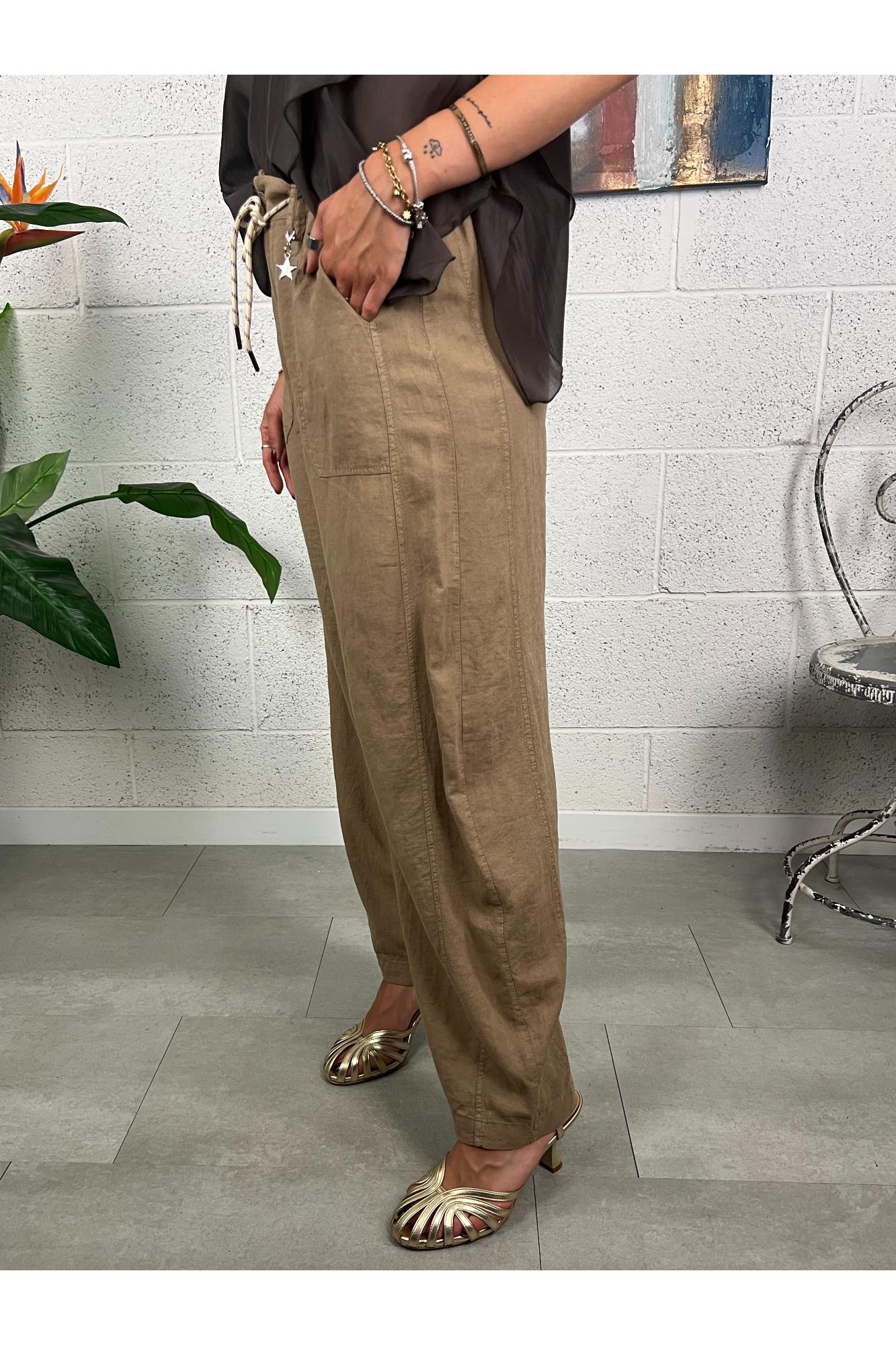 SUSY MIX Pantalone stellina di lino Susy mix Cammello