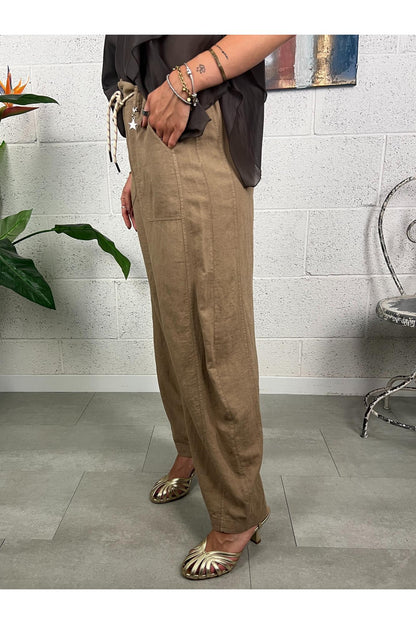 SUSY MIX Pantalone stellina di lino Susy mix Cammello