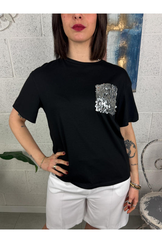 SUSY MIX T-shirt con taschino di pailettes Susy mix Nero