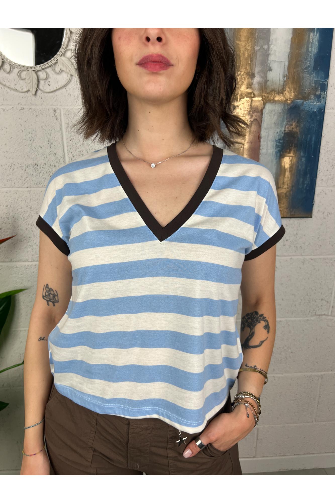 SUSY MIX Maglia rigata a v Susy mix Celeste
