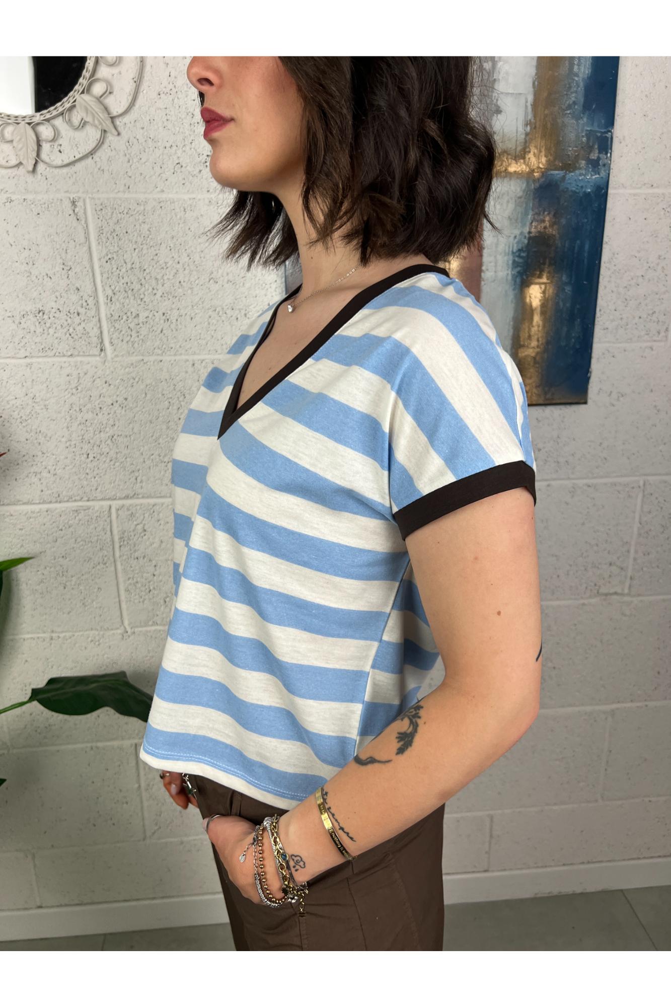 SUSY MIX Maglia rigata a v Susy mix Celeste