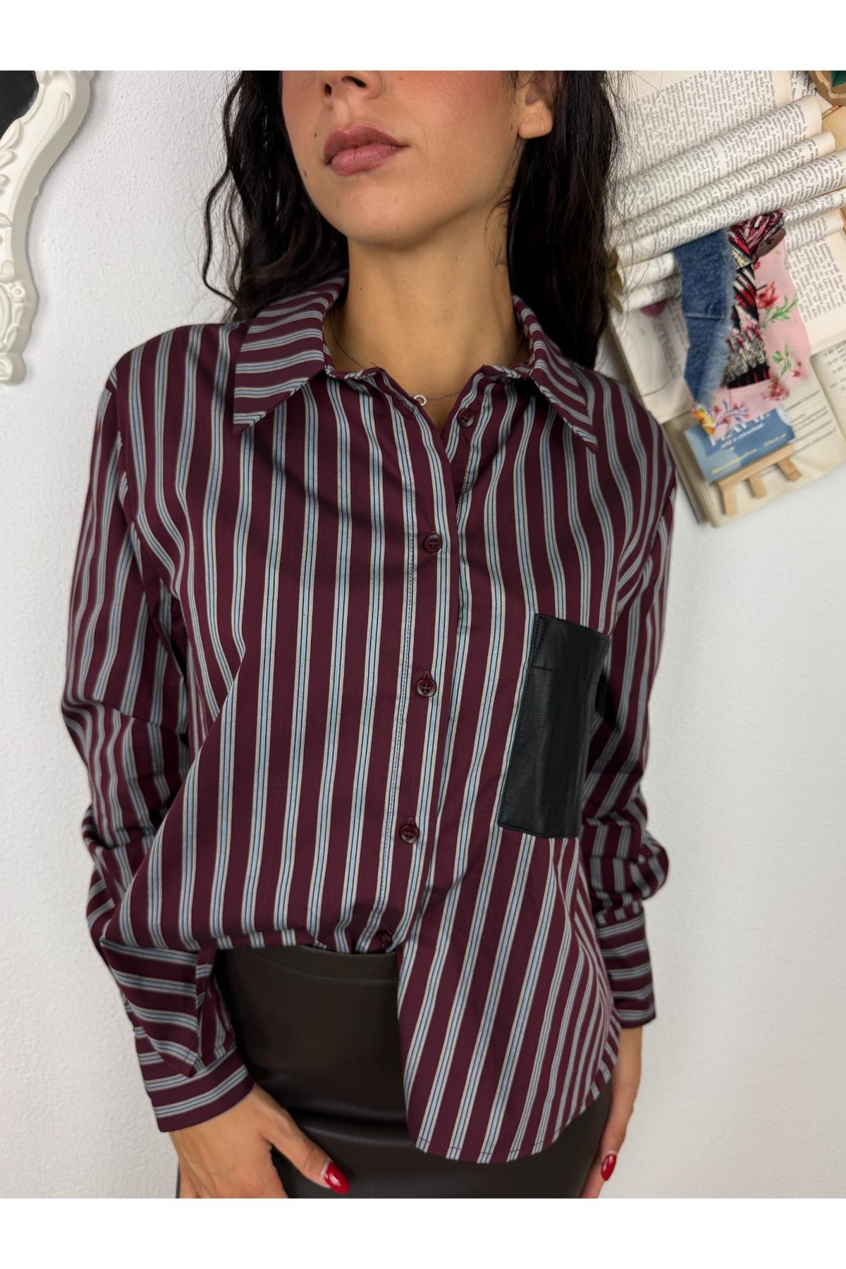 DIXIE Camicia rigata con taschino ecopelle Dixie Bordeau