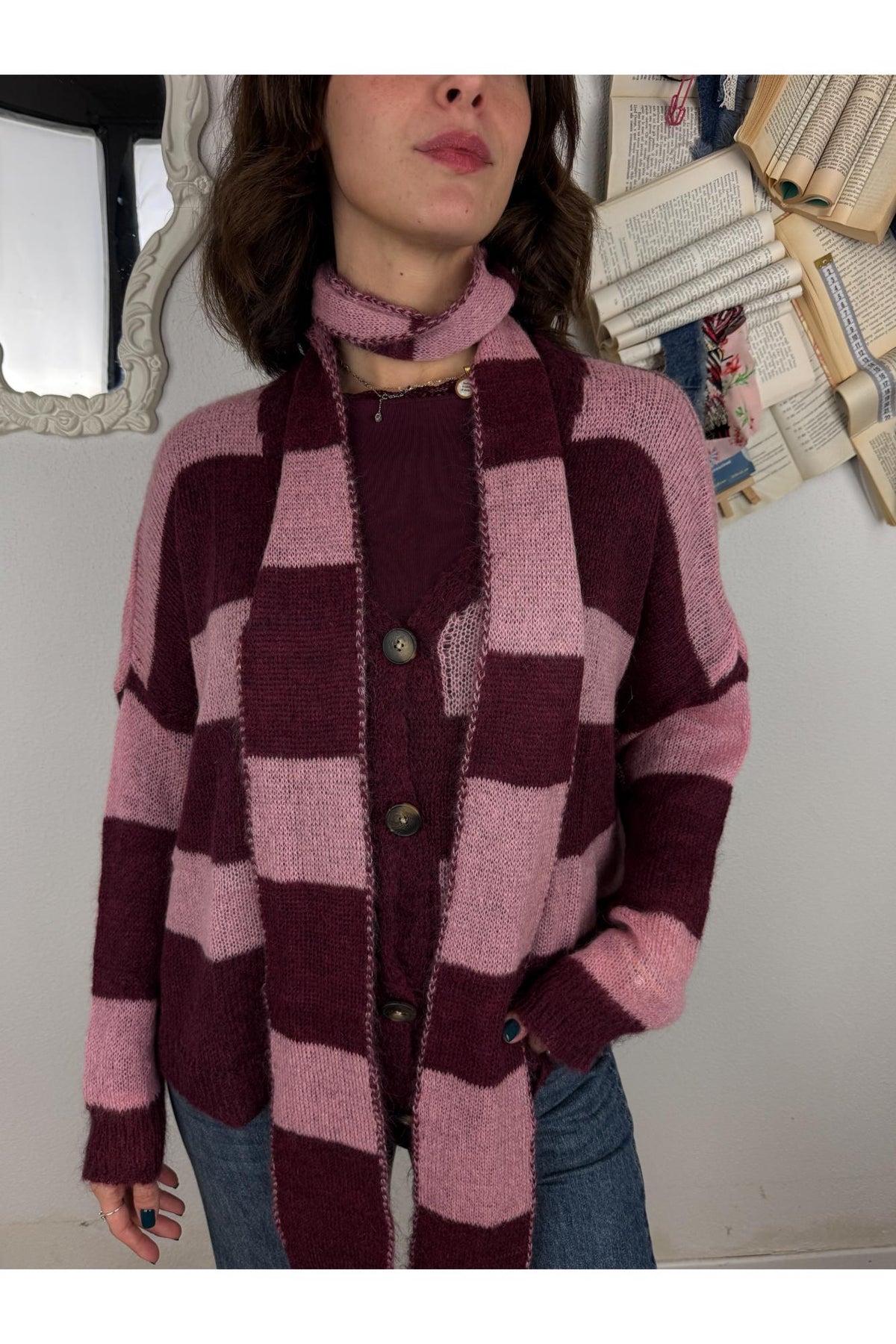 DIXIE Cardigan rigato con sciarpa Dixie Bordeau