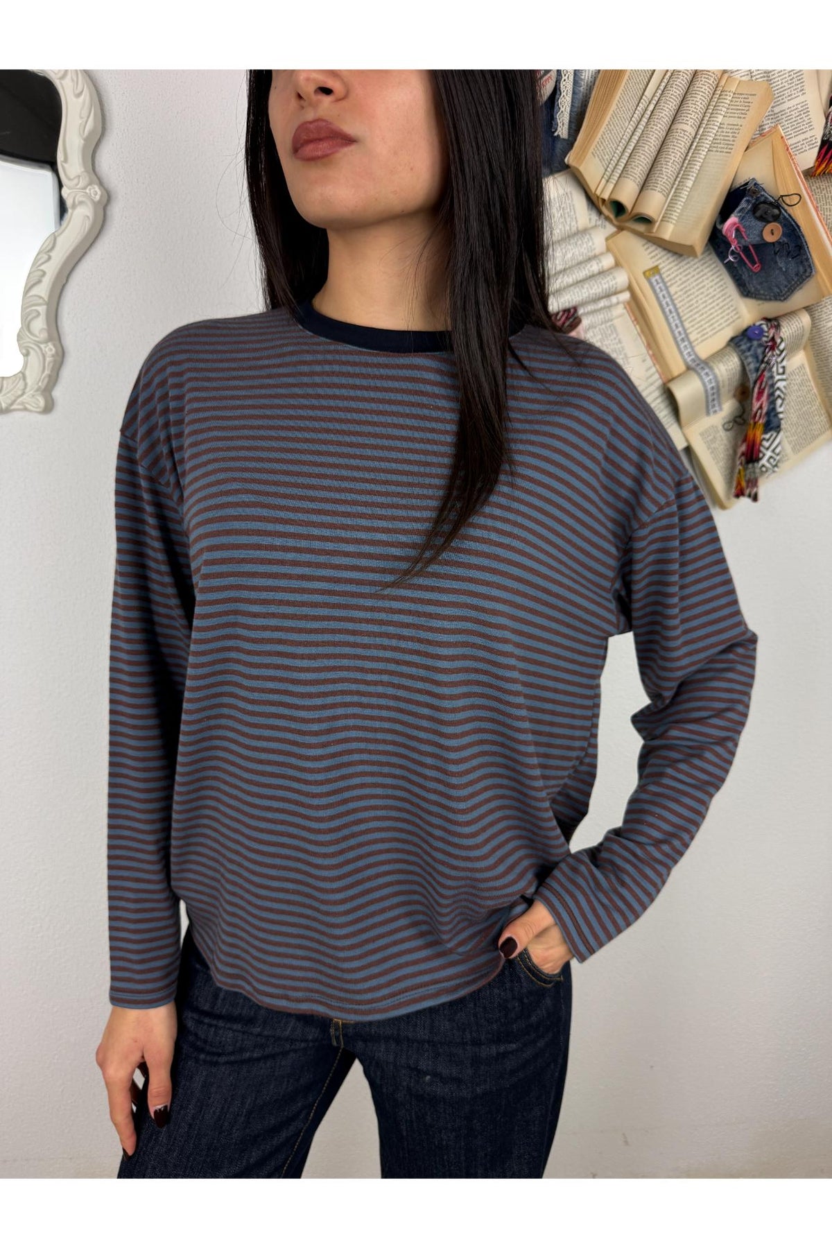 METOO Maglia rigata con manica a trapezio Metoo Celeste