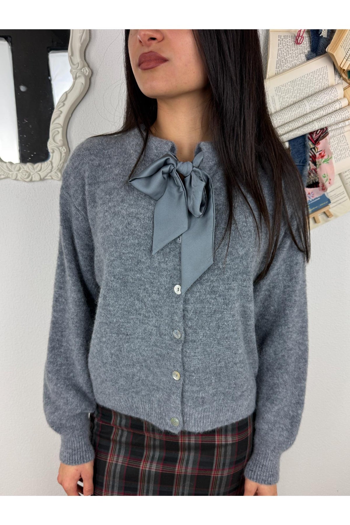 METOO Cardigan girocollo con fiocco Metoo Grigio