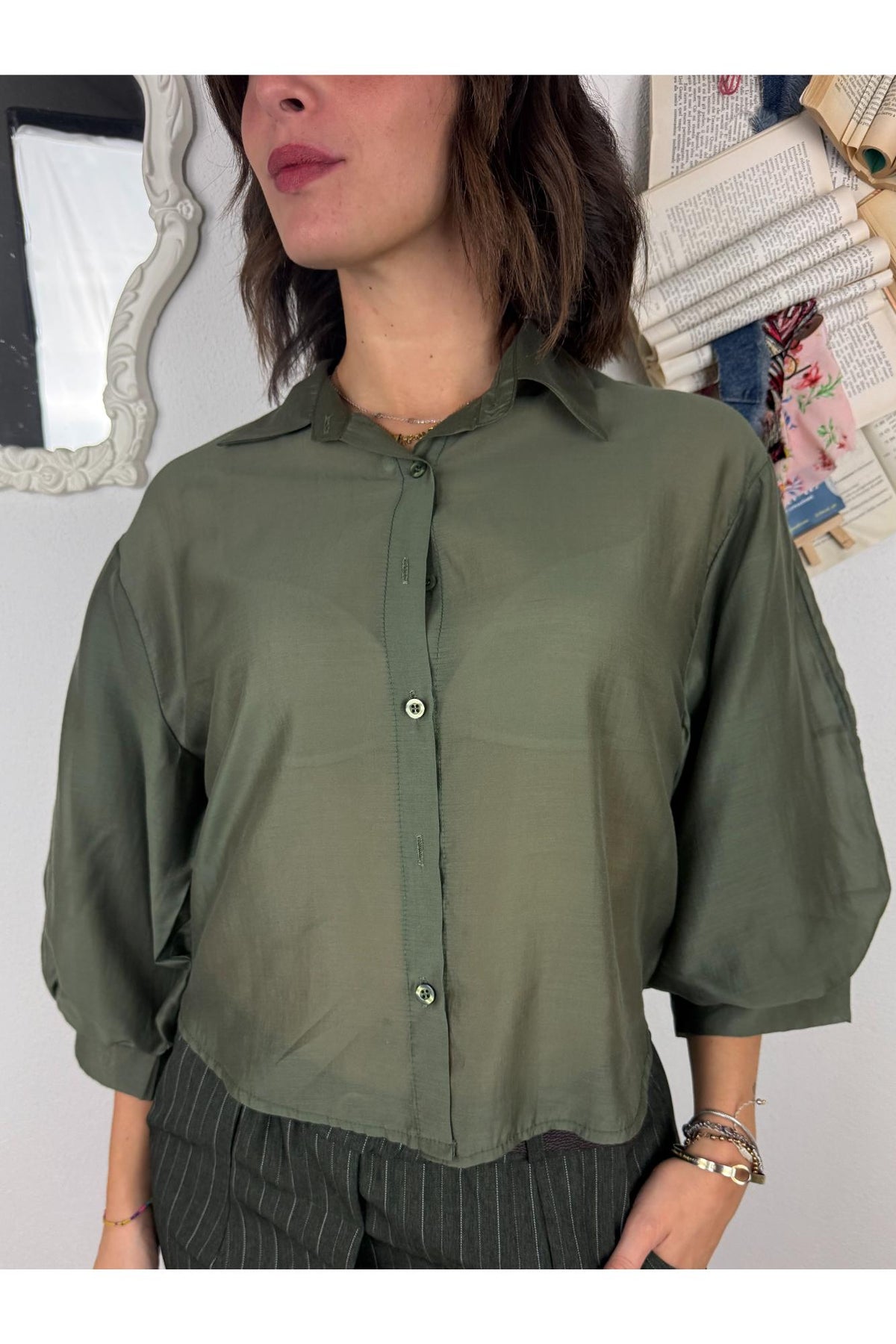 METOO Camicia trasparente con manica a palloncino Metoo Verde