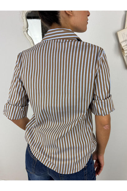 METOO Camicia rigata manica lunga avvitata Metoo Tabacco