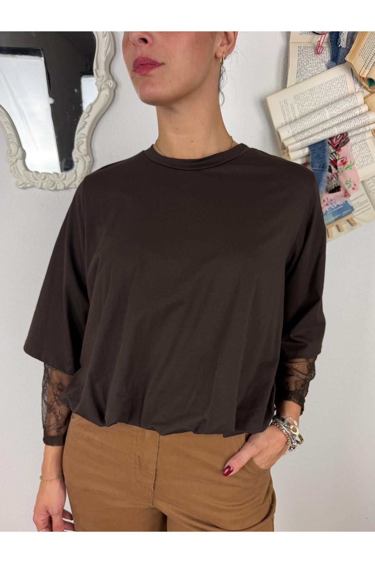 METOO Maglia con manica in pizzo sblusata Metoo Moro