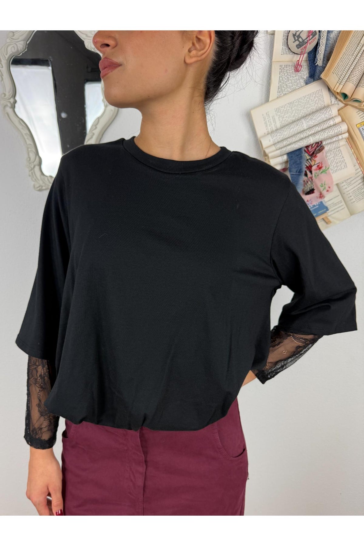 METOO Maglia con manica in pizzo sblusata Metoo Nero