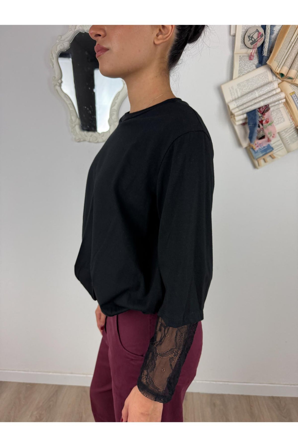METOO Maglia con manica in pizzo sblusata Metoo Nero