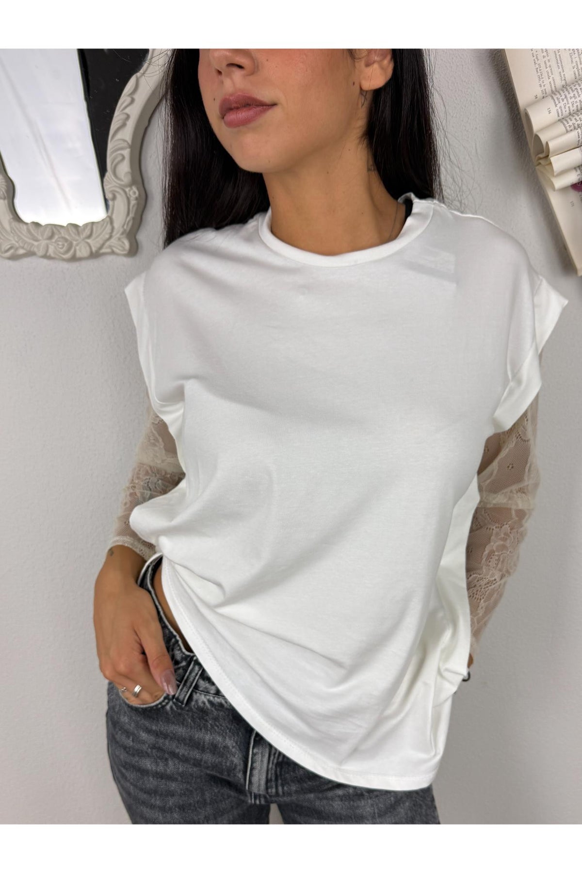 METOO Maglia con manica in pizzo taglio sbiego Metoo Bianco
