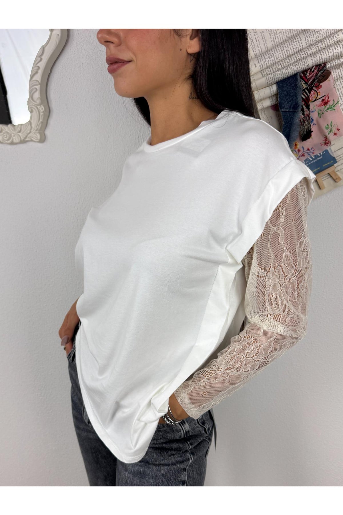 METOO Maglia con manica in pizzo taglio sbiego Metoo Bianco