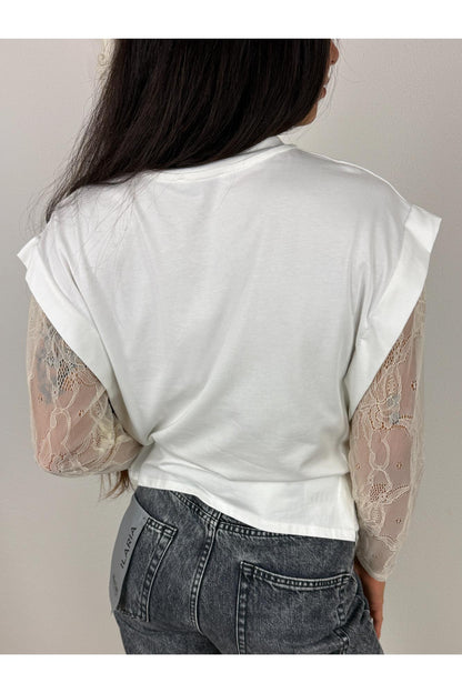 METOO Maglia con manica in pizzo taglio sbiego Metoo Bianco