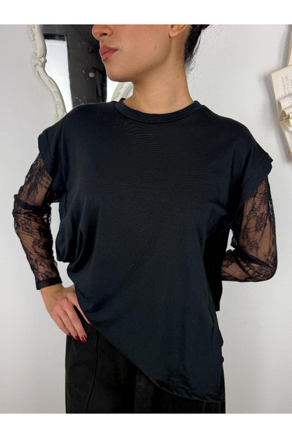 METOO Maglia con manica in pizzo taglio sbiego Metoo Nero