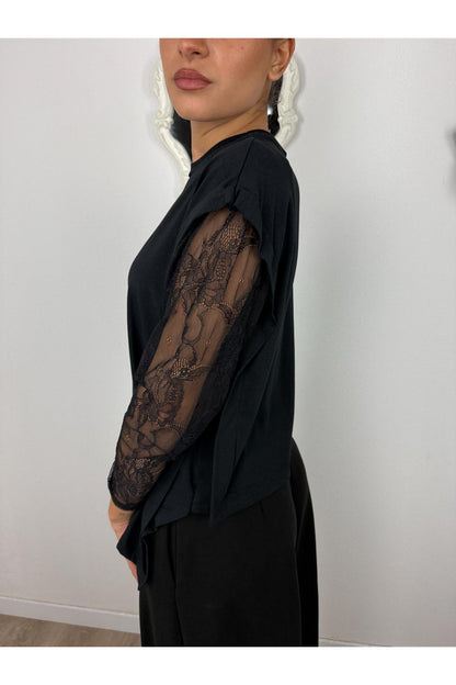 METOO Maglia con manica in pizzo taglio sbiego Metoo Nero