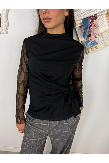 METOO Maglia con nodo e manica in pizzo Metoo Nero