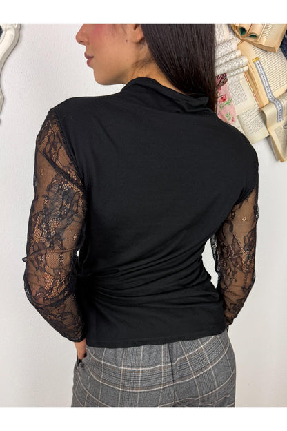 METOO Maglia con nodo e manica in pizzo Metoo Nero