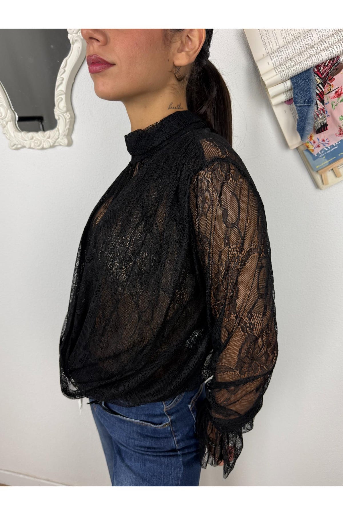 METOO Maglia in pizzo con incrocio Metoo Nero