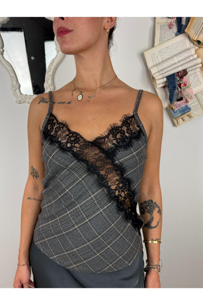 METOO Top a quadretti con pizzo di sbiego Metoo Grigio