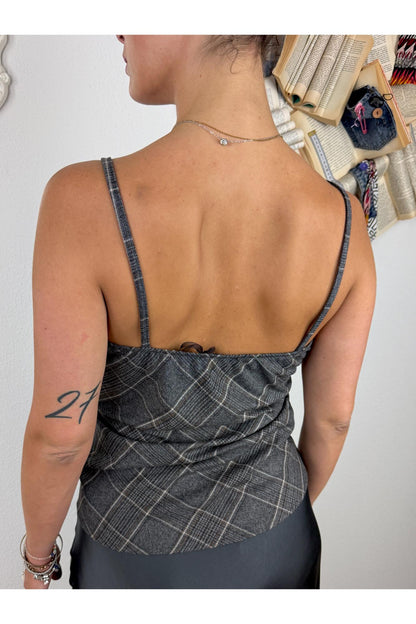 METOO Top a quadretti con pizzo di sbiego Metoo Grigio