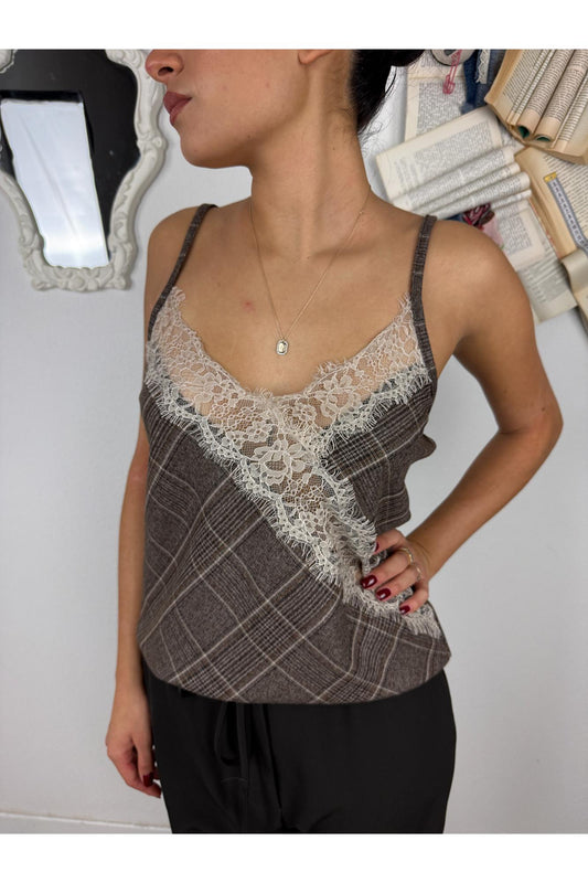 METOO Top a quadretti con pizzo di sbiego Metoo Moro