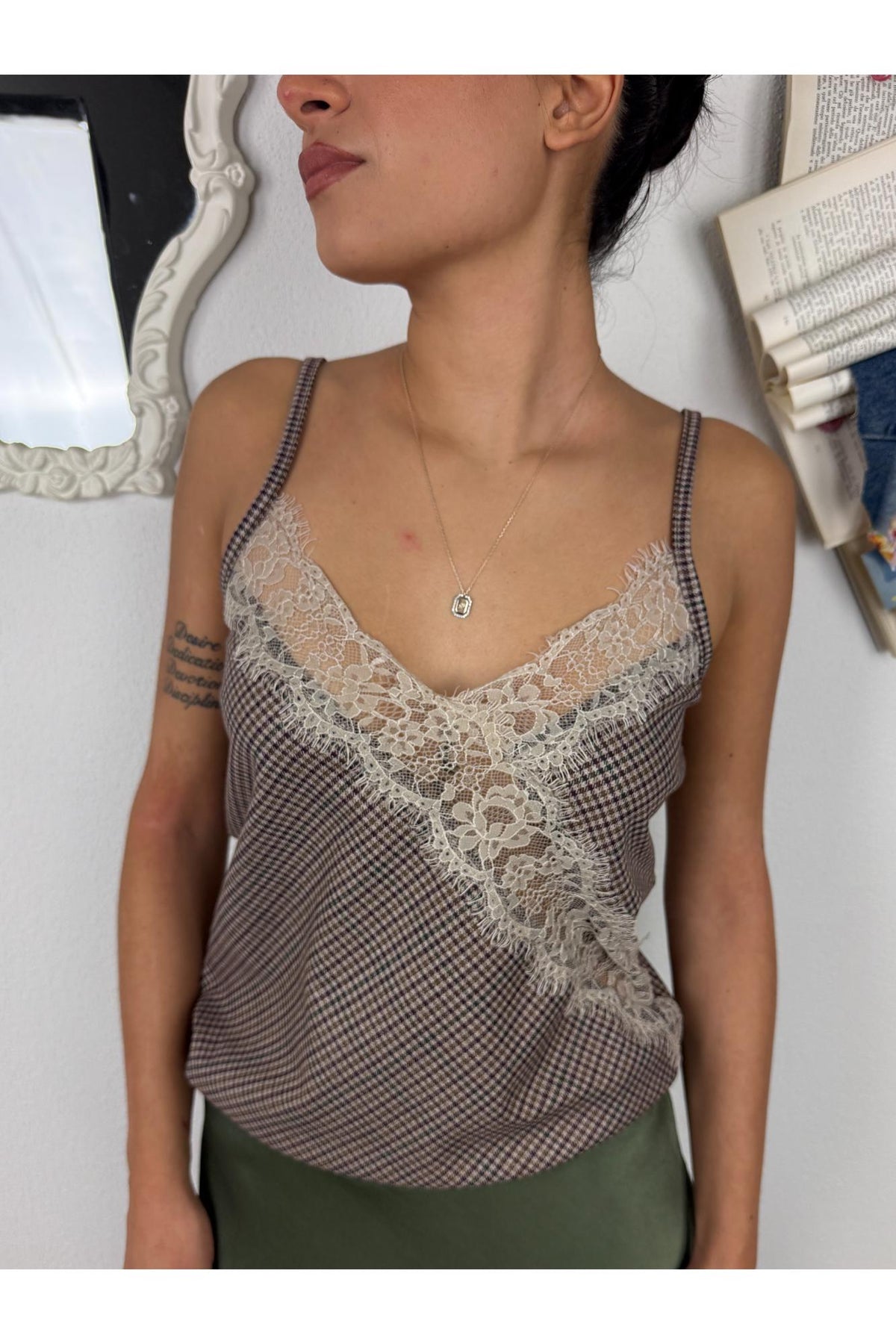 METOO Top a quadretti con pizzo di sbiego Metoo Sabbia