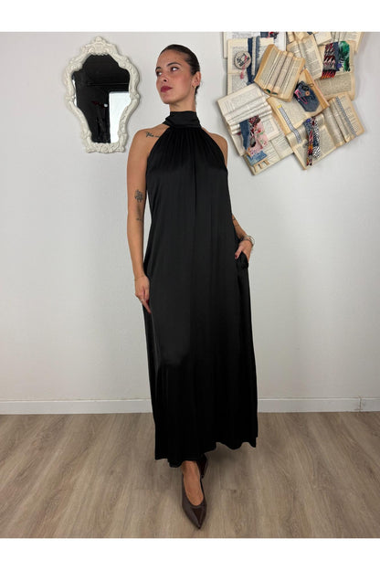METOO Abito lungo in satin con fiocco sulla schiena Metoo Nero