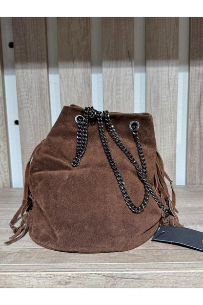 METOO TRINKETS Secchiello con frangie scamosciato Metoo Tabacco