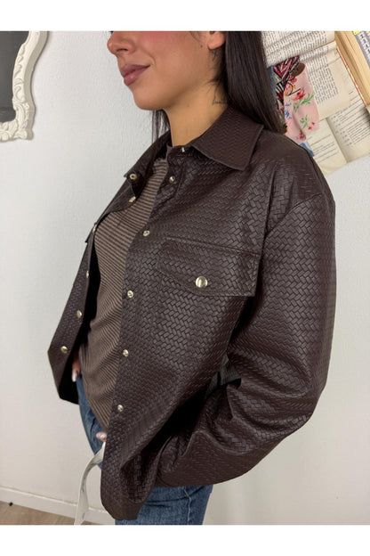 MOTEL Camicia con tramatura intrecciata in eco pelle Motel Cioccolato