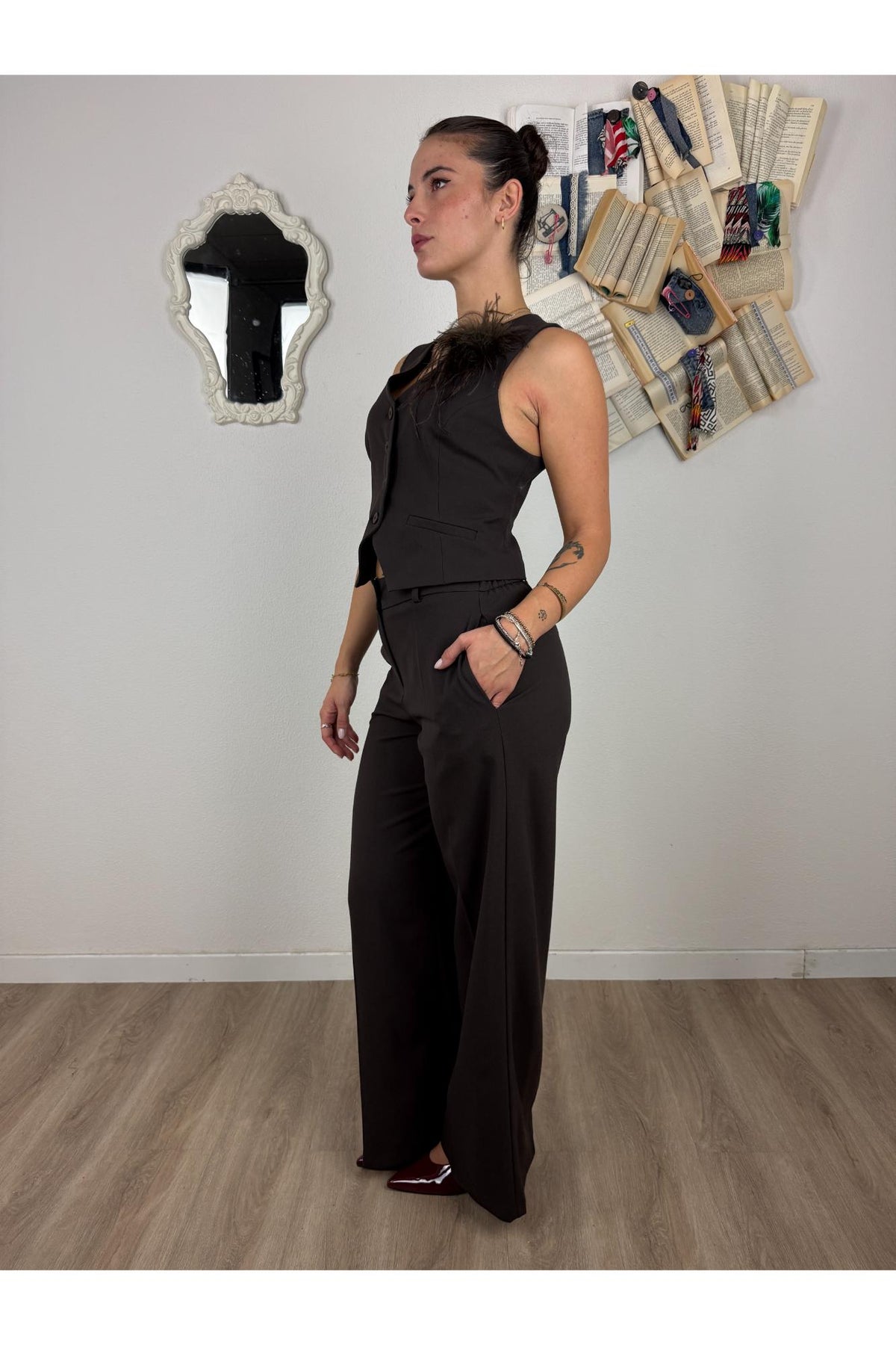 MOTEL Completo gilet + pantalone palazzo Motel Moro