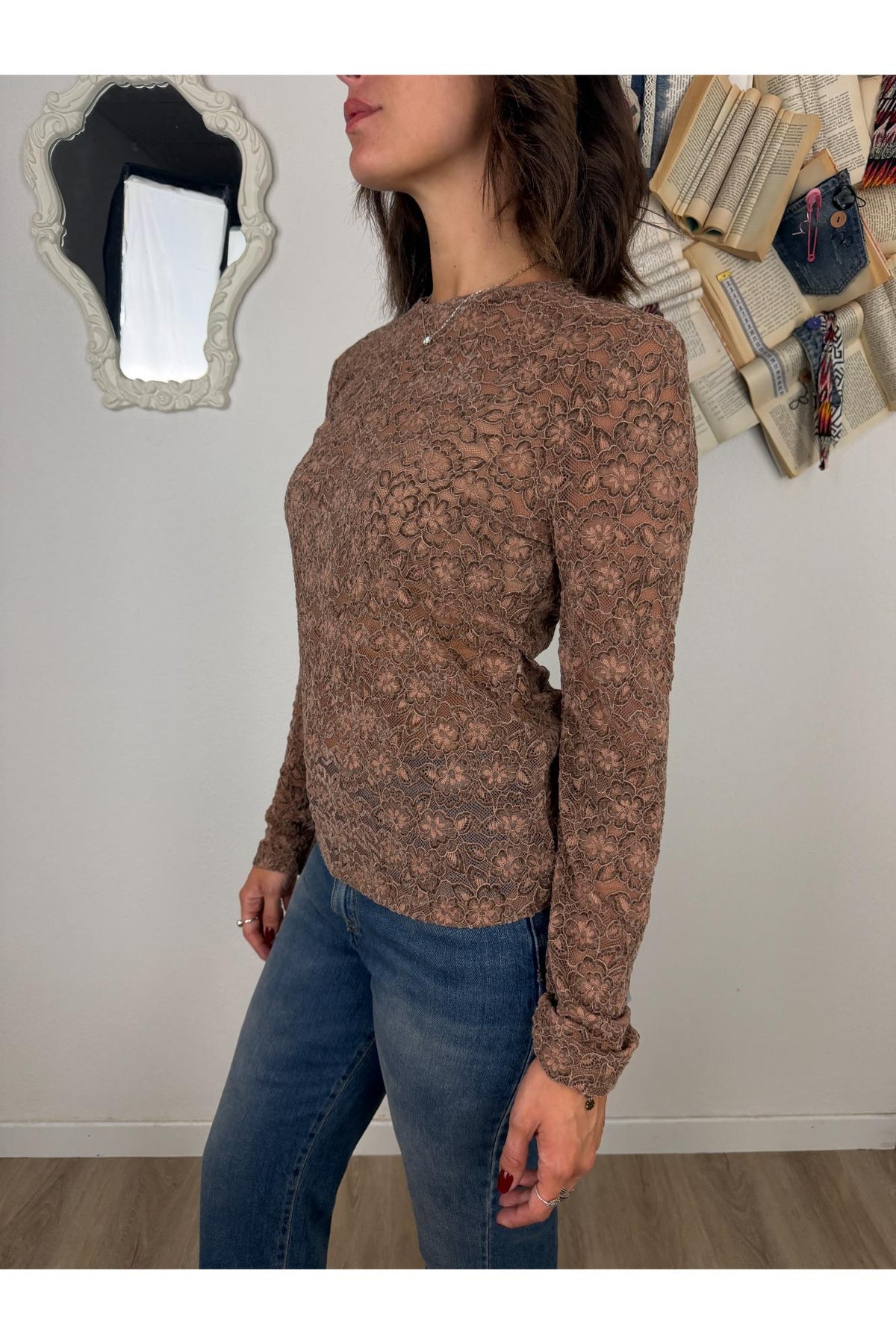 MOTEL Maglia manica lunga in pizzo Susy mix Fango