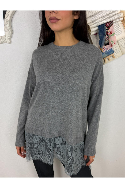 MOTEL Maglione lungo con pizzo Motel Grigio