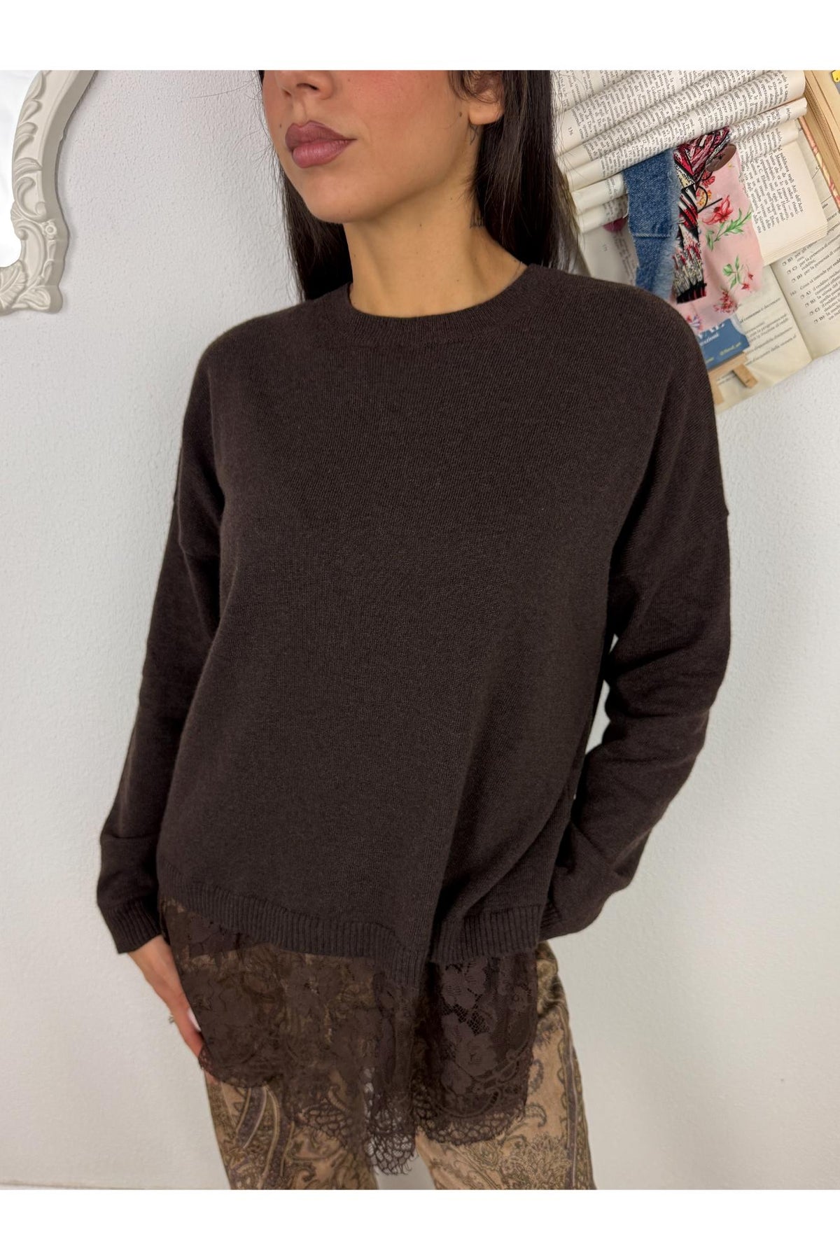 MOTEL Maglione lungo con pizzo Motel Marrone