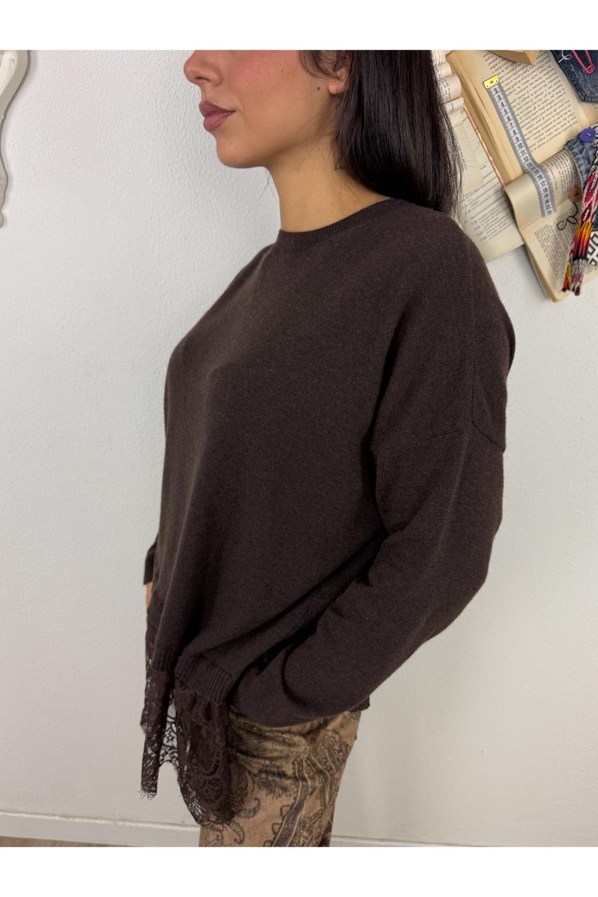 MOTEL Maglione lungo con pizzo Motel Marrone